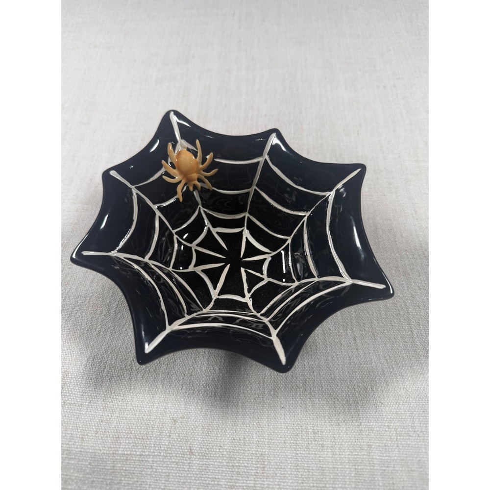 Pottery Barn Halloween Spider Web Ceramic Candy Dish Bowl Black White Orange